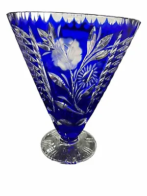 Buy Vintage Crystal Vase Cobalt Blue Cut To Clear Bohemian Style Glass • 27£