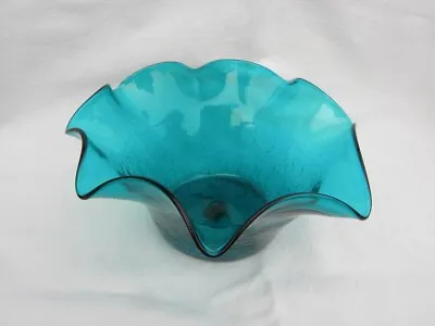 Buy Vintage Hand Blown Teal Blue/Green Crackle Glass Bowl Or Vase • 33.56£
