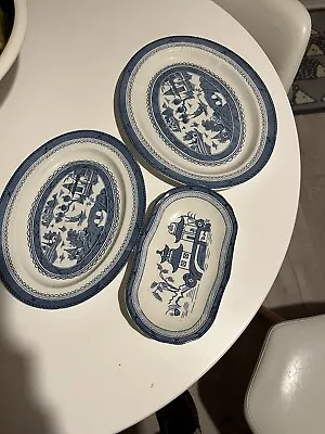 Buy 3 Early 1900’s Woods Ware CANTON Serving  Plates Blue & White Oriental, • 13.99£