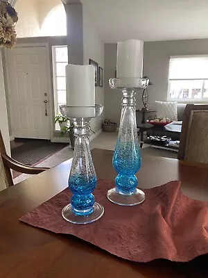 Buy Two 2 Cobalt Blue Cracked Glass Candlesticks Candle Holder Vases 15  & 12  Adult • 47.92£