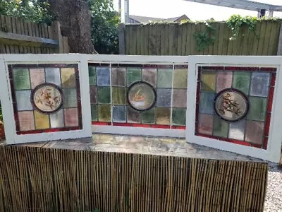 Buy 3x Vintage Victorian Style Bird Detail Stained Glass Window Panels Set + Frames • 132£