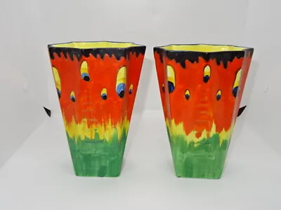 Buy Hand Painted Pair Of Art Deco Firefly 6.75  Vases - Crown Ducal Ware • 74.95£
