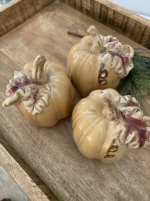 Buy Set Of 3 Glass Ceramic Pumpkins Fall/Autumn/Halloween/Thanksgiving Cream Decor • 23.42£