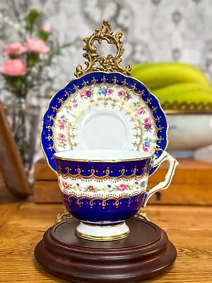 Buy Vintage Aynsley Cobalt Blue White And Gold Multi Floral Cup And Saucer C1930s • 15.99£