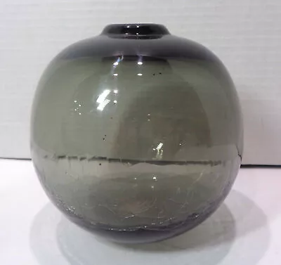 Buy Signed 5¼  Tall Boatman Hand Blown Smoky Gray Crackle Glass Bottom Art Vase • 33.08£