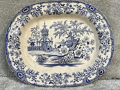 Buy Vintage Antique Willow Platter Blue And White Transferware Meat Plate • 22.99£