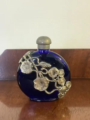 Buy Vintage Blue Glass Perfume Vial W/ Silver Tone Flower Vine Detail • 22.60£