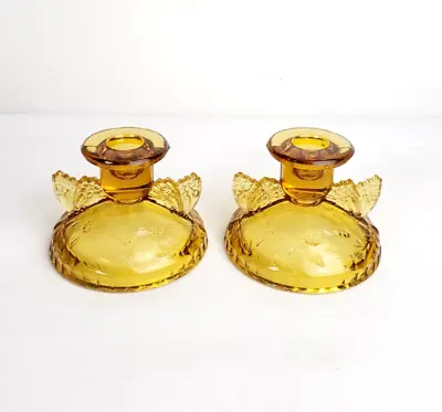Buy Vintage Sowerby Amber Glass Butterfly Candlesticks Candle Holders Pair Art Deco • 9.06£