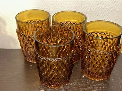 Buy Vintage Set Of 4 Indiana Glass Diamond Point 10 Oz Amber Glass Small Tumblers • 37.88£