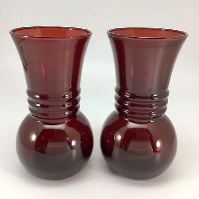Buy Vintage 2 Anchor Hocking Vases Royal Ruby Red Glass 6.5” Ribbed Ball Art Deco • 19.17£