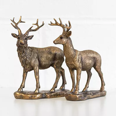 Buy 2 Piece Bronzed Deer & Stag Ornaments Set Reindeer Figurines Sculptures Vintage • 36£