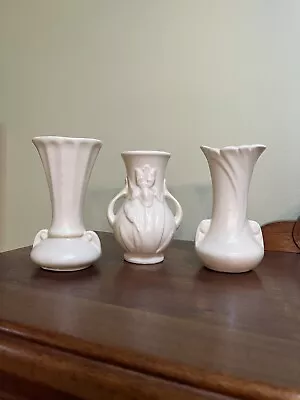 Buy 3 Vintage Shawnee USA Pottery Vases 5”, Matte White • 56.87£