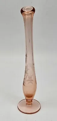 Buy Vintage Blush Pink Glass Swung Bud Vase Stretch Pedestal Etched Art • 19.39£