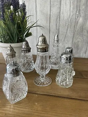 Buy Collection Of 7 Vintage Crystal Sugar Shakers Cut Glass With Silver Plate Tops  • 40£