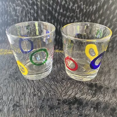 Buy 2 Hand Blown Art Glass Heavy Lowball Tumblers —Red Green Blue Yellow Circles • 25.89£