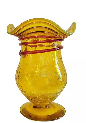 Buy Blenko Crackle Glass Vase Yellow WRed Coils #6843 Joel Myers Mid-Century 1960s • 76.55£