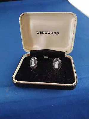 Buy Vintage Silver Wedgwood Earrings Screw Back  Black Jasperware In Original Box • 15£