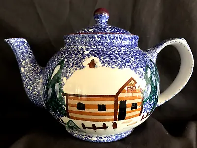 Buy Cabin In The Woods TEAPOT With LID Blue Splatter With Snow, Pine Wood Cabin  EXC • 15.36£