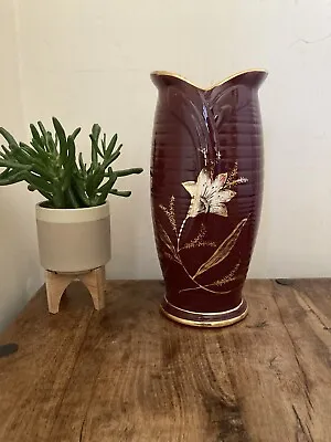 Buy Burgundy Gold Floral Large Vase Arthur Wood Fish Mouth Rim Centrepiece Ceramic • 30£