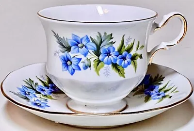 Buy Vintage Queen Anne Fine Bone China “Morning Glory” Cup And Saucer Blue & Gold • 14.85£