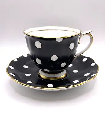 Buy RARE Vintage Royal Albert Black Polka Dot Teacup & Saucer 1950's W/Gold Trim • 50.15£