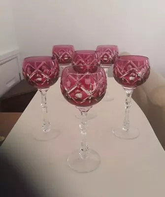 Buy 6 Stunning Antique Vintage Bohemian Crystal Cranberry Glasses Hock Glass • 345£