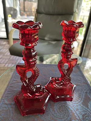 Buy (2) Imperial Red Glass Koi Fish Candle Stick Holders - Rare • 142.19£
