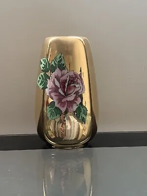 Buy Bling Vintage Royal Winton Grimwades Gold-tone Vase W/Pink Rose Floral Design • 15£
