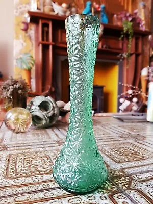 Buy Vintage Green Pressed Glass Vase, Embossed Flower Pattern, Hoosier? 23cm Tall • 9.90£