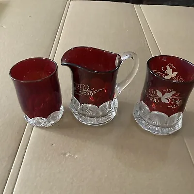 Buy Lot Of 3 Vintage Ruby Red Glassware. 1-Creamer/2 Cups • 33.21£
