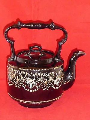 Buy Elegant Antique Victorian Blackware/Jackfield Gilt & Enamel Swag Teapot C1890 • 35£