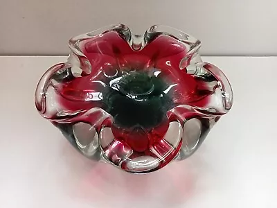 Buy Czech Bohemian Art Glass: Lead Crystal: Bowl/Ashtray: CLEAR & RED & GREEN • 15£