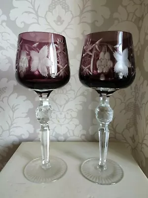 Buy Bohemia Amethyst Hand Cut 2 Wine Glasses Tall Grapes Knob Etched Stem VTG • 27.99£