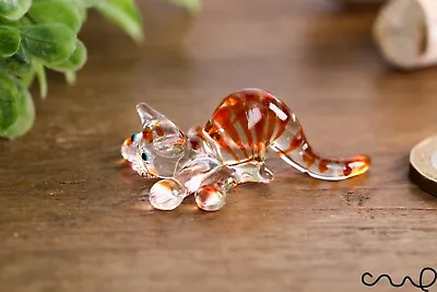 Buy NEW Small Tiny Handmade Clear Glass Ginger Stripy Cat Gloss Decor Terrarium Gift • 10.99£