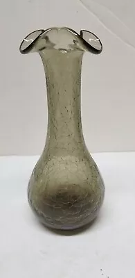 Buy Vtg Blenko Handblown Crackle Glass Smoke Ruffle Rim Vase Art Deco 7 1/4”  • 17.38£