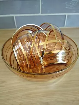 Buy Vintage Pretty Gold Colour Glass Fruit Bowl Set Used. • 24.99£