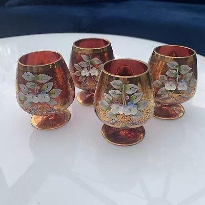 Buy Set Of 4 Czechoslovakia Bohemia Glasses Red & Gold Enamel Floral Vtg • 9.99£