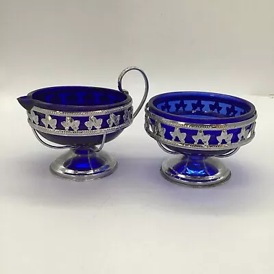 Buy Vintage Cobalt Blue Glass Jug Bowl Silver Metal Ivy Leaf Handled Basket O65 • 10£