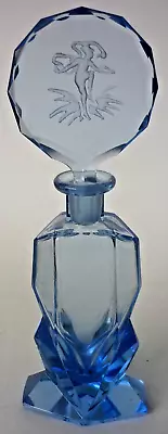 Buy Art Deco  Bohemian Czech Blue Glass Scent Perfume Bottle With Intaglio Stopper • 65£
