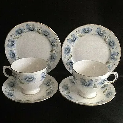 Buy Vintage Queen Anne China Trios X 2 Tea Cup  Saucer Tea Plate 8461 Blue Irises  • 14.50£