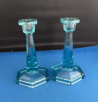 Buy Pair Of Ice Blue Art Deco Moulded Glass Candle Holders • 32£
