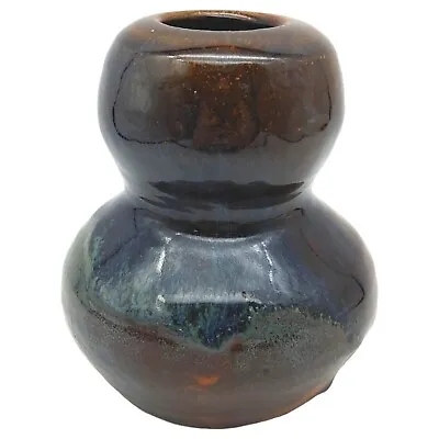 Buy Handmade Signed Pottery Vase - 5  Small Dark Blue Brown Drip Glaze Hourglass • 17.95£