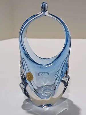 Buy Vintage Bohemian Art Hand-blown Glass Vase Clear Blue - Czechoslovakia • 30.68£