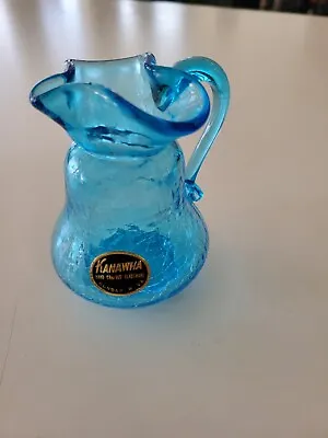 Buy Vintage Hand Crafted Kanawha Glassware Crackle Glass Mini Pitcher Blue • 33.12£