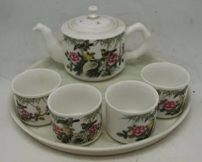 Buy Chinese Oriental Pottery Teaset - Teapot Tray & 4 Cups - Flowers & Birds Design • 99£