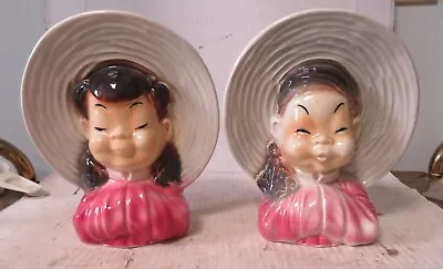 Buy 2 Royal Copley Asian Man & Woman Head Vase Planter Wall Pocket 7-1/2” High • 17.40£