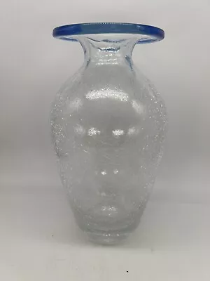 Buy Vintage Light Cobalt Blue Rim Hand Blown Crackle Glass Vase • 26.56£