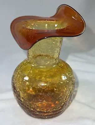 Buy Amber Crackle Glass Vase Vintage MCM Hand Blown Glass Vase Classic 70's Glass • 16.30£