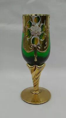 Buy Vintage CZECH BOHEMIAN Green, Gold Wine Glass Enamel Flower, Twisted Steam #1 • 13£