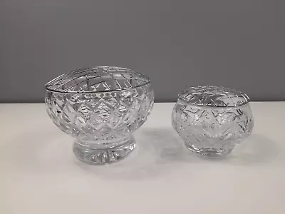 Buy 2 X Crystal Cut Glass Rose Bowls With Silver Coloured Wire Mesh - Good Condition • 19.50£